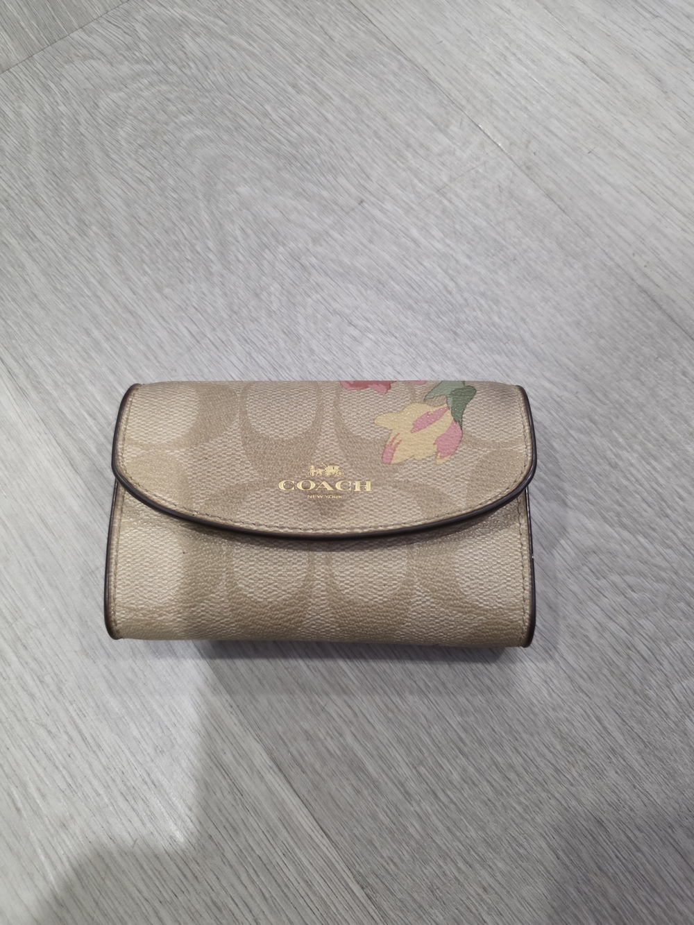 COACH Beige Signature Floral Small Wallet